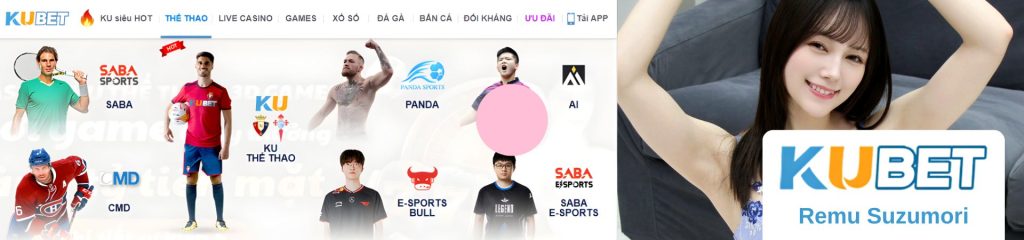 Banner Kubet với hình người mẫu mỉm cười và các danh mục thể thao e-sports và nhà cung cấp cá cược nổi bật